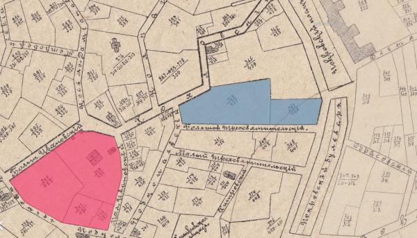 Фрагмент плана Москвы 1903 г. Слева -- Ивановский монастырь (лагерь), Справа – усадьбы Крестовниковой и Морозова (Покровский лагерь). Фото: retromap.ru