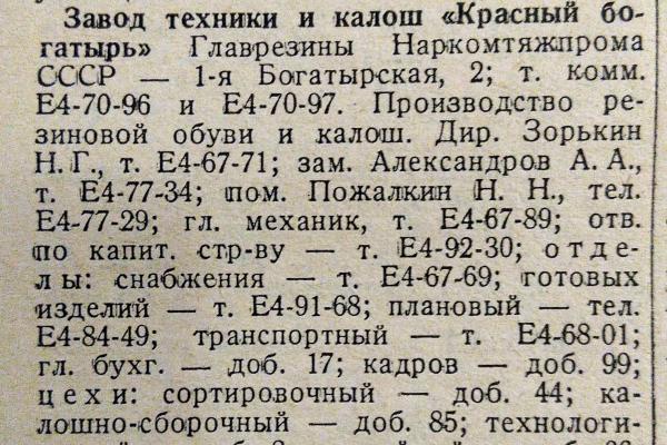 Общая информация о заводе «Красный богатырь» на страницах адресно-справочной книги «Вся Москва на 1936 год»