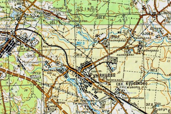 Пионерские лагеря у Румянцева на карте Генштаба 1980-х годов. Источник: retromap.ru